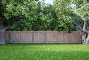 Wooden backyard fence enclosing a grassy yard, with large leafy trees overhead and a bicycle resting against the fence.